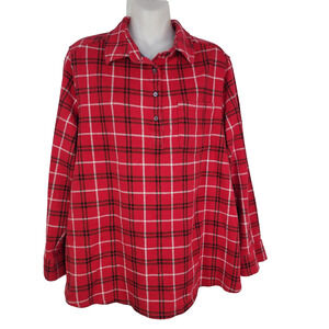 Lands' End Tunic Top Women 1X Red Plaid Brushed Knit Long Sleeve Pullover Pocket
